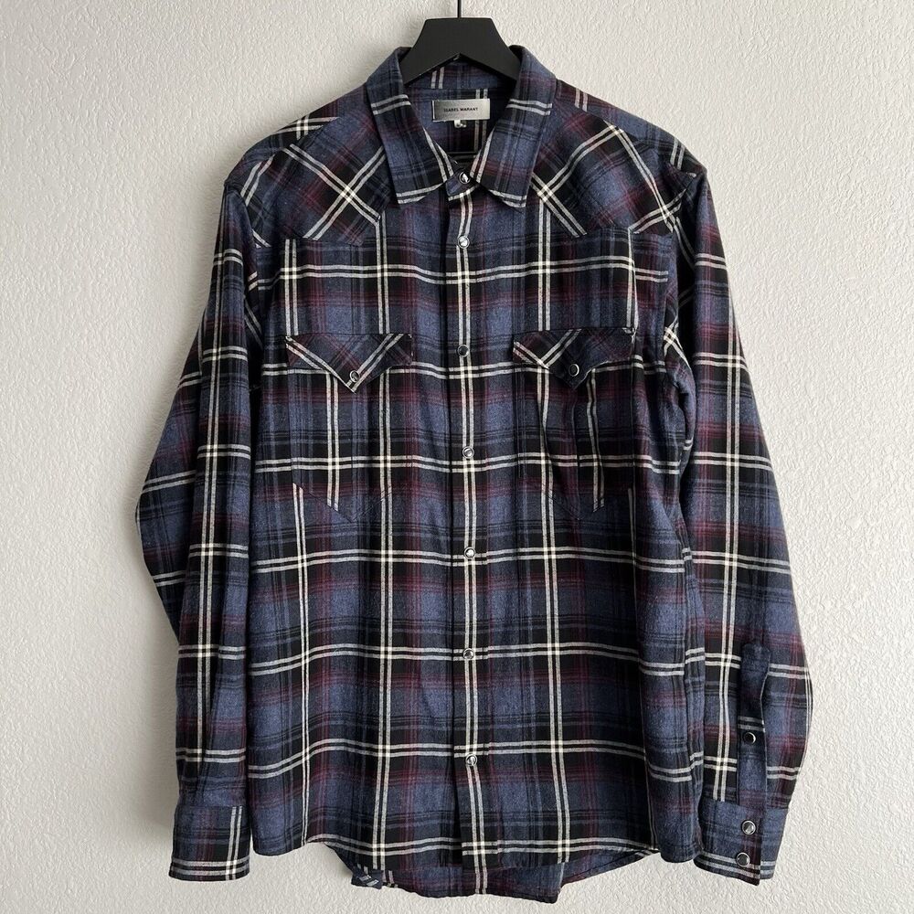 Isabel Marant Pitt Flannel Plaid Western Snaps Purple Plaid Shirt Size L Blue